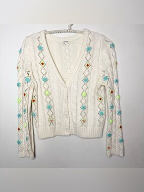 Manoush Embroidered Cable Knit Cardigan Sweater